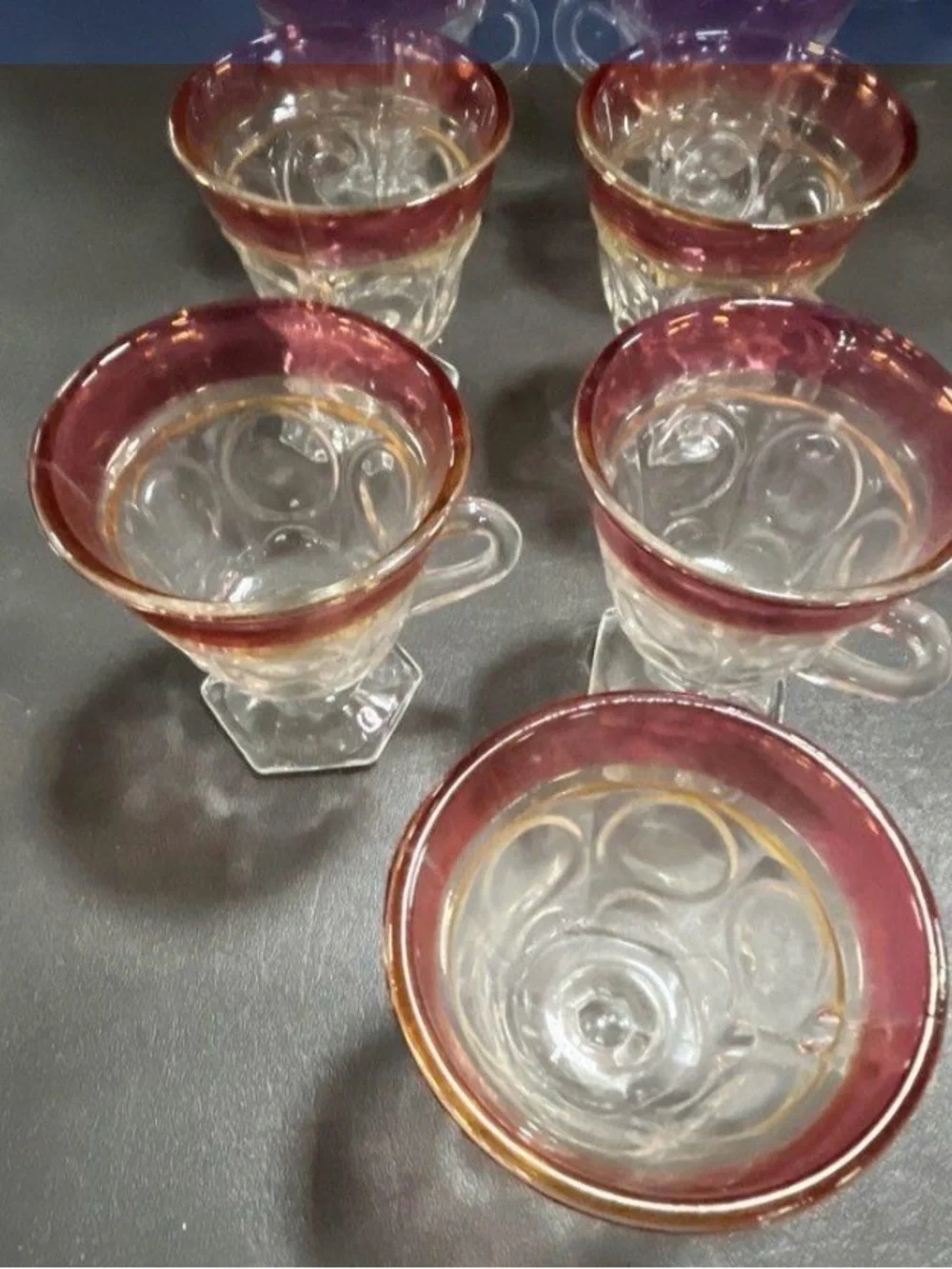 MCM Ruby Rim Glass Punch Bowl Set Christmas Party Punch Bowl Set - Vintage